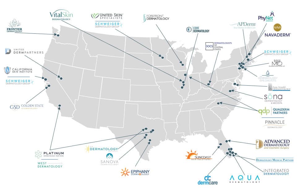 Map of dermatology groups across the United States.