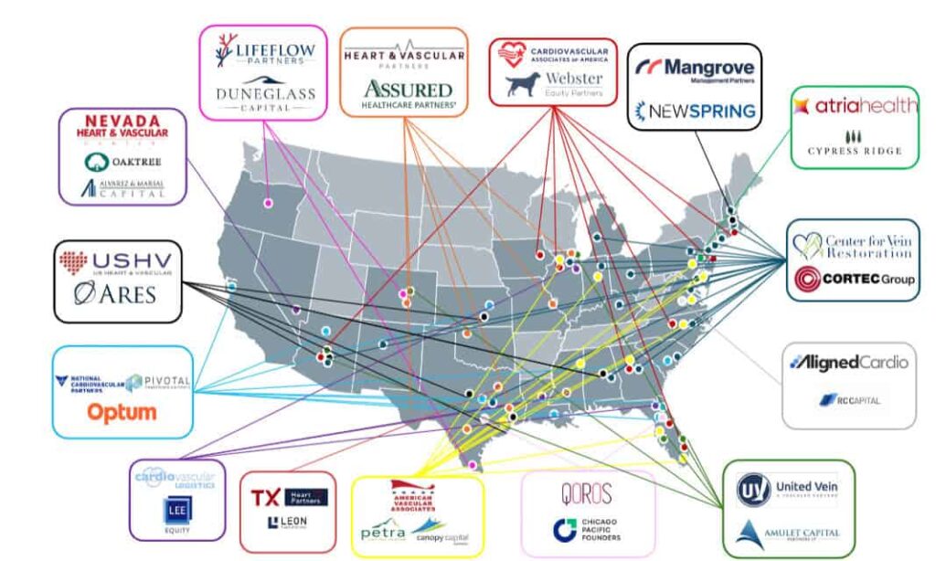 Map showing cardiovascular private equity firms in the US.