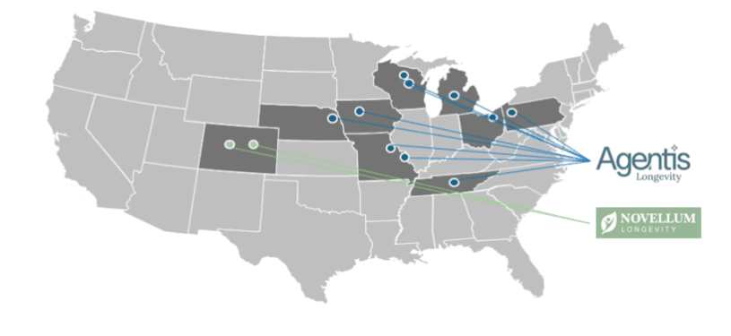US map showing Agentis and Novellum Longevity locations.