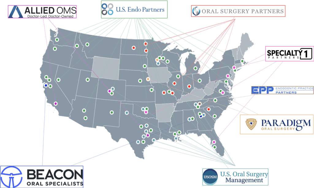 Map of oral surgery private equity firms across the US with logos and connections.
