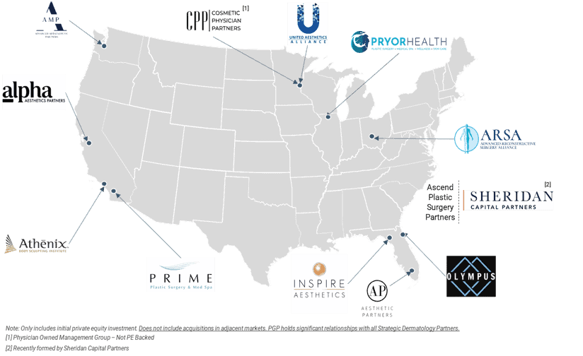 Map of private equity firms investing in plastic surgery industry across the US.