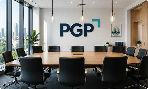 Modern conference room with PGP logo and large windows.