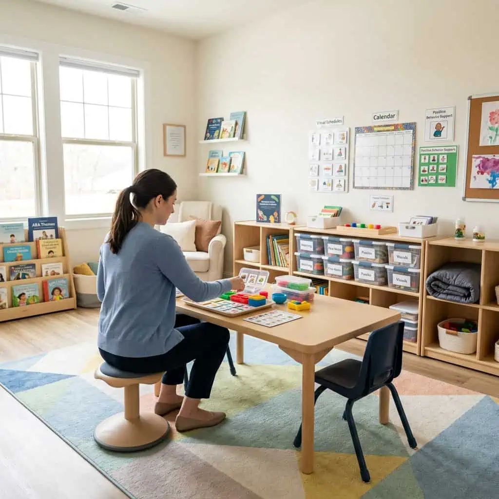 Therapist engaging with educational toys in autism therapy room.