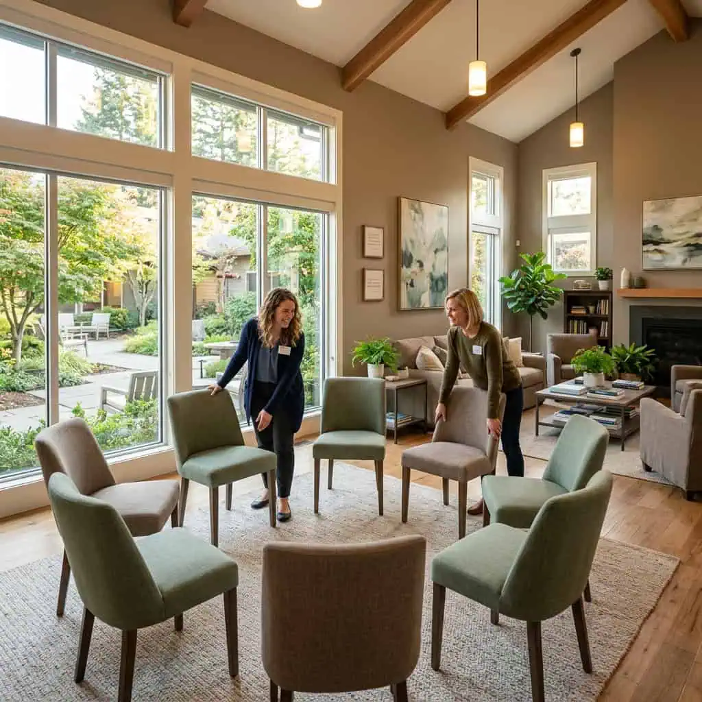 Comfortable therapy room with chairs and natural light for addiction recovery.