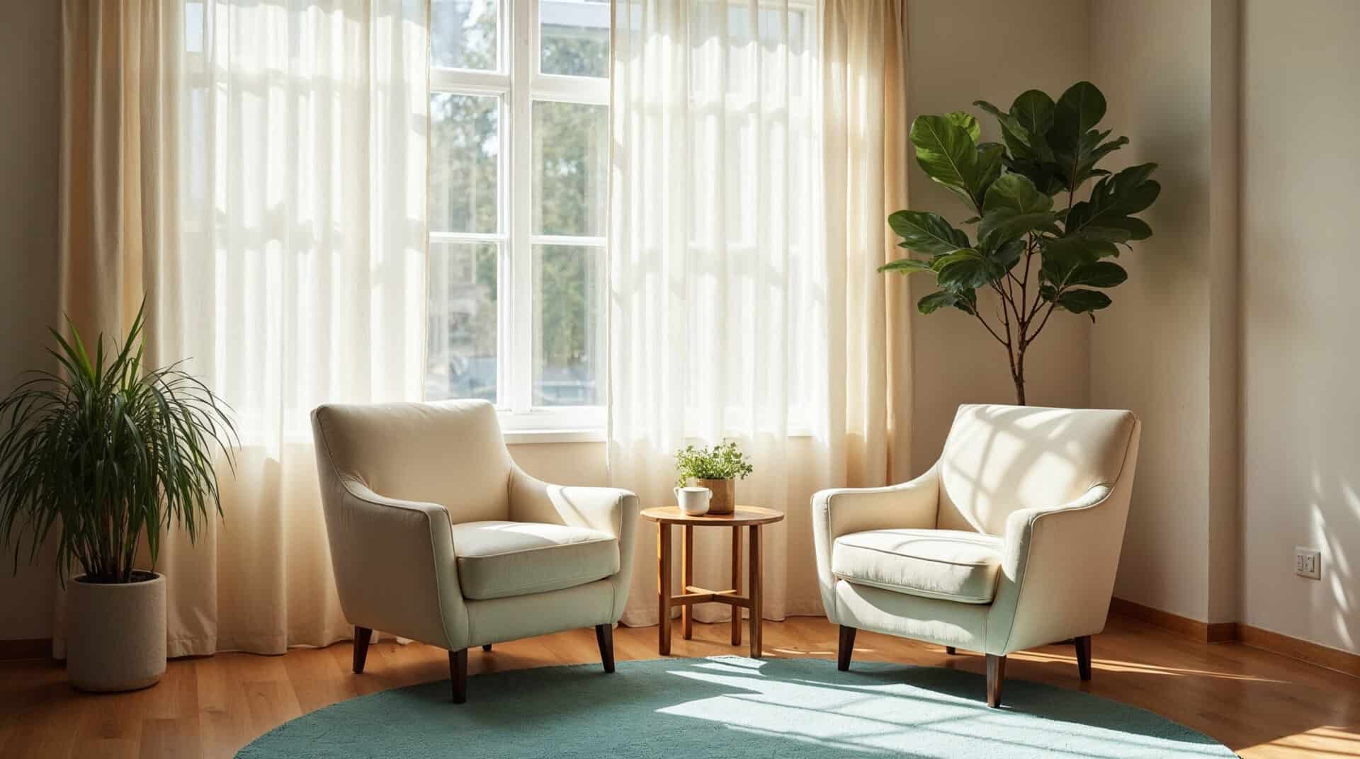 Bright living room with two white armchairs and a small wooden table.