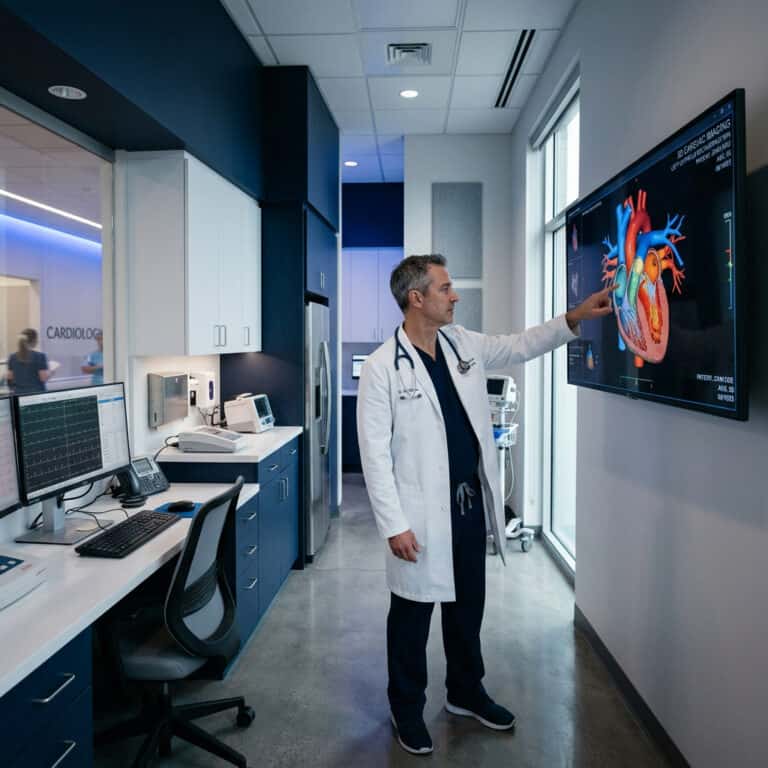 Doctor analyzing a 3D heart model on a digital screen in a cardiology clinic.