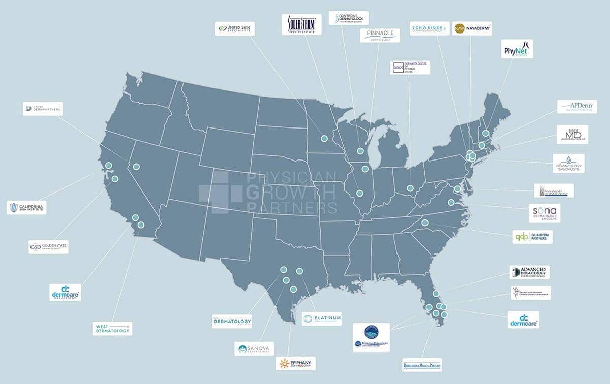 US map showing healthcare partners for dermatology private equity.