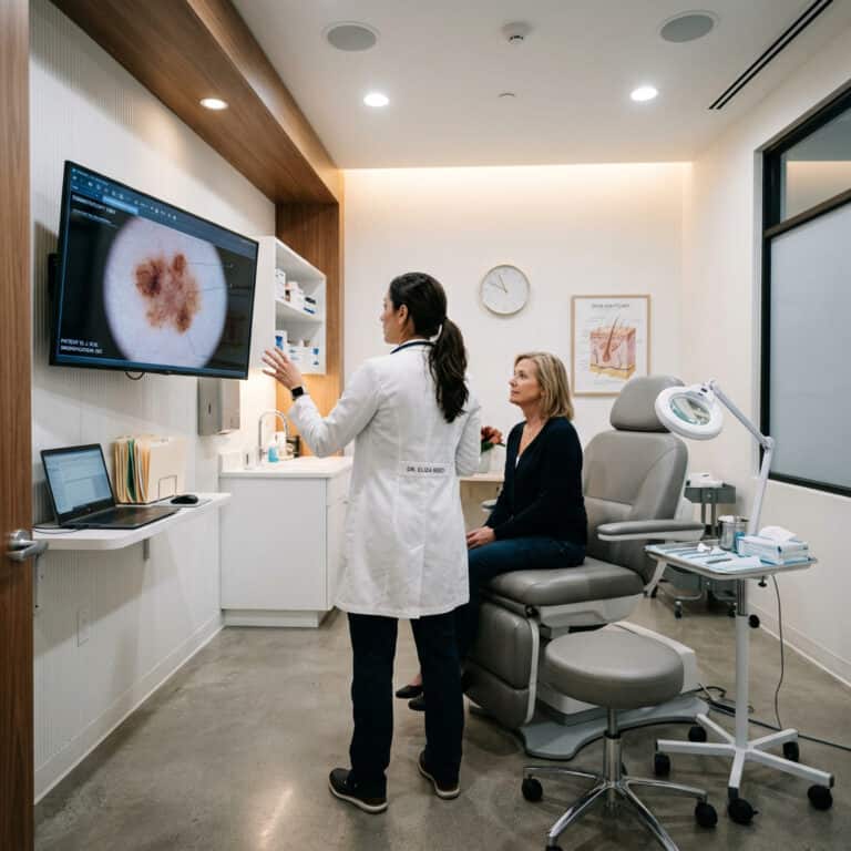 Dermatologist explaining skin condition to patient in clinic.