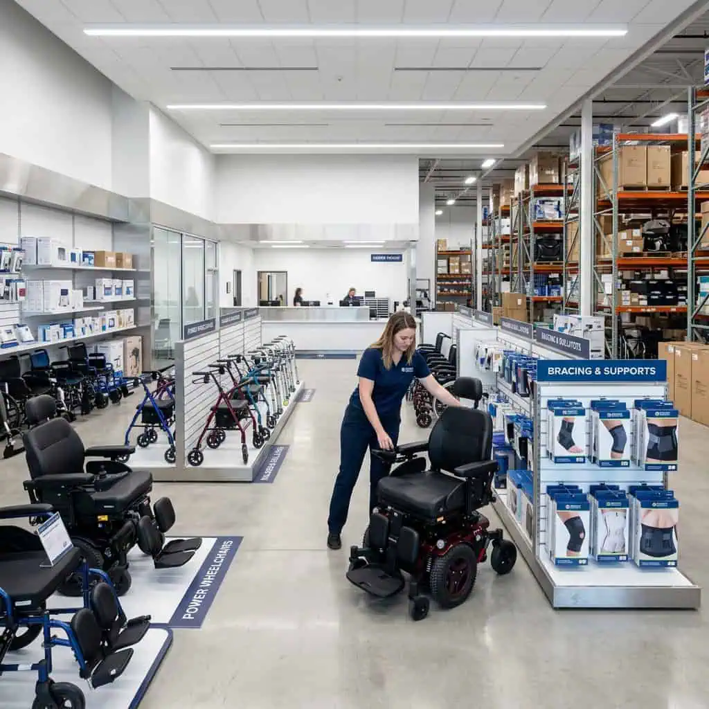 Inside a medical equipment store with mobility aids and support devices on display.