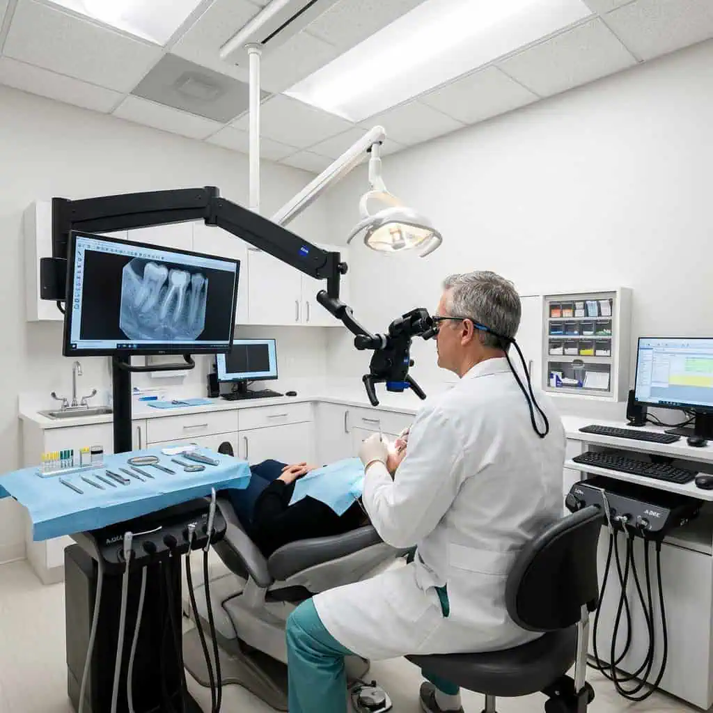 Dentist examining X-ray images during endodontic procedure in clinic.