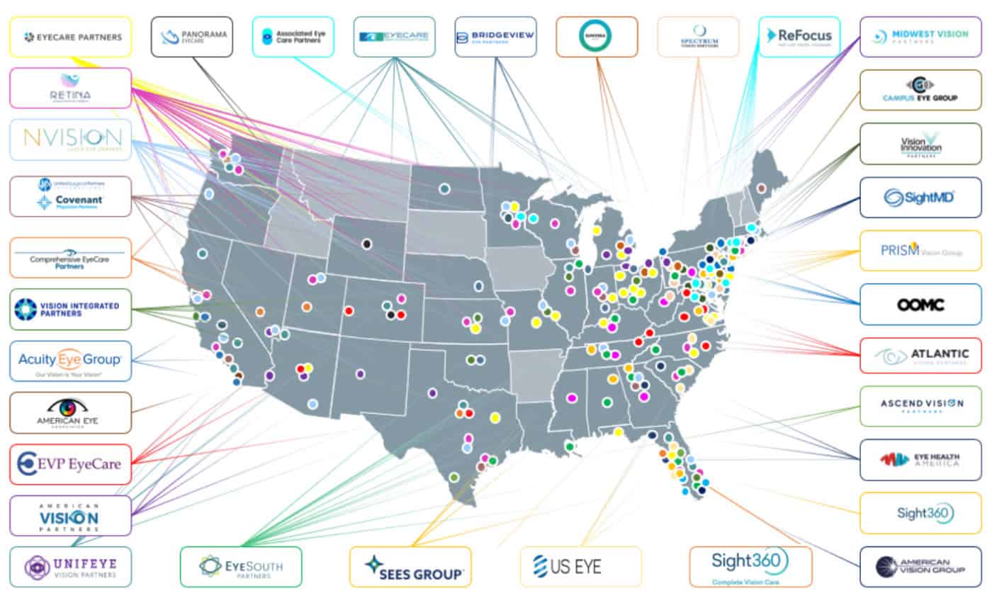 Map of US eye care private equity investments and partnerships.