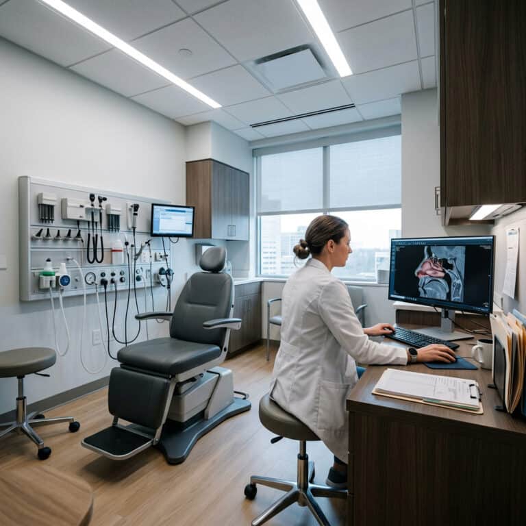 Medical professional reviewing ENT scan in a modern clinic room.