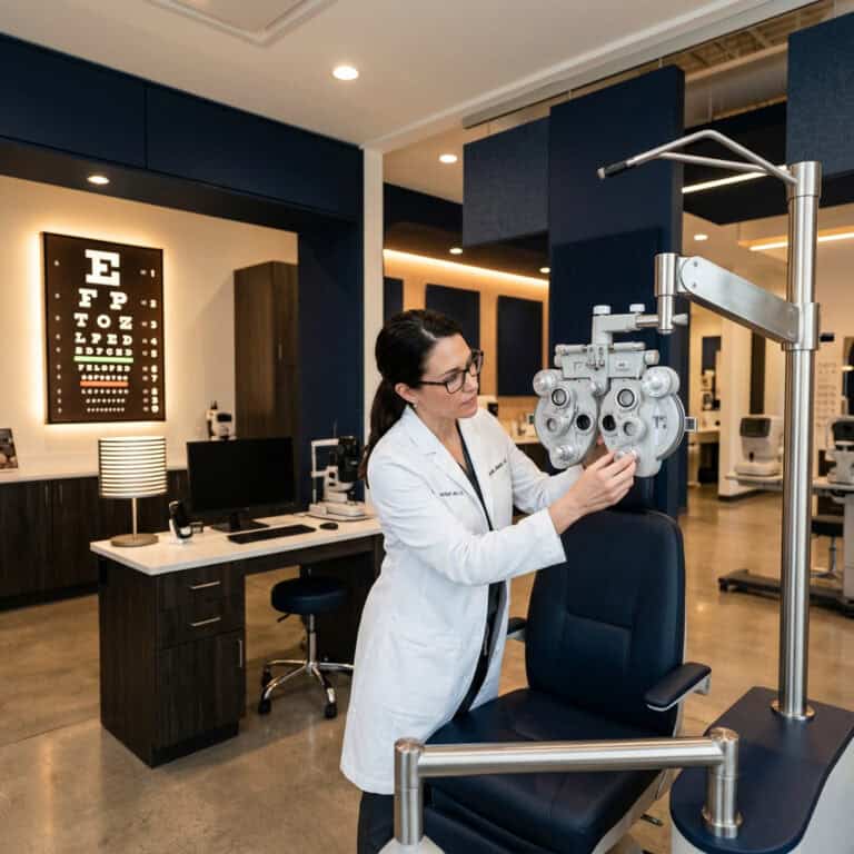 Optometrist adjusting eye exam equipment in a modern clinic.