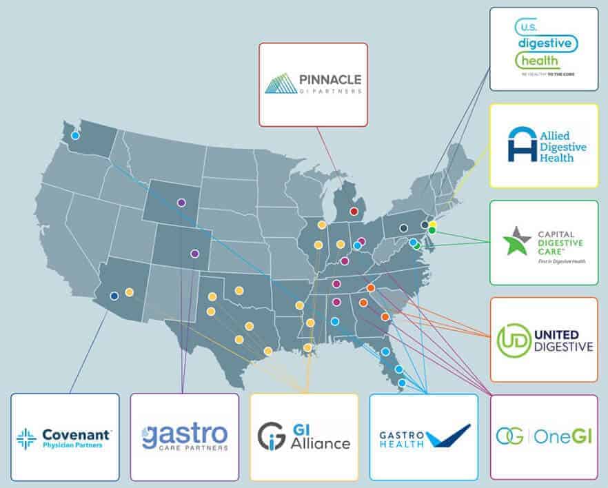 Map of gastroenterology private equity investments across the US.