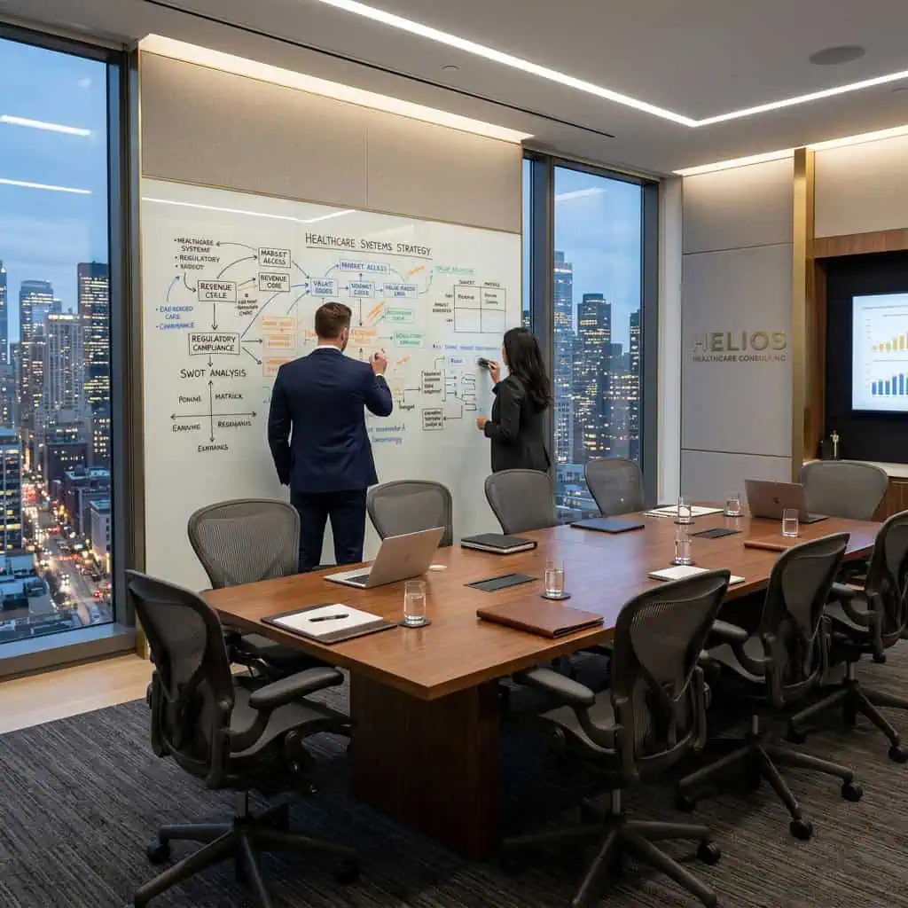 Business professionals discussing healthcare strategy on whiteboard in high-rise office.