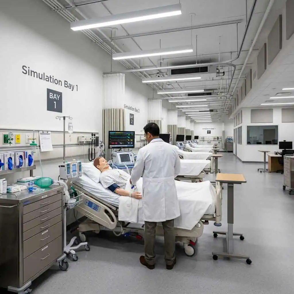 Medical simulation lab with patient mannequin and healthcare professional.