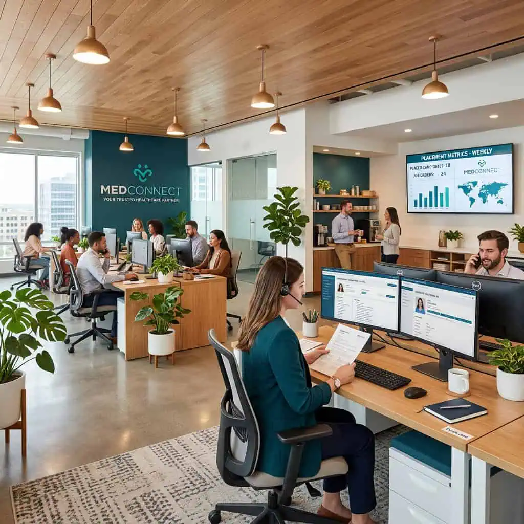 Healthcare office with staff working at desks and digital screens.