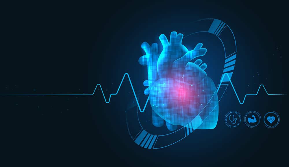 Digital 3D heart model with health monitoring icons and ECG line.