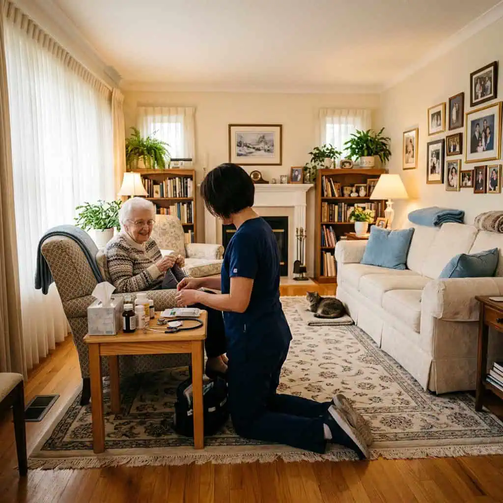 Home health caregiver assisting elderly woman in living room.