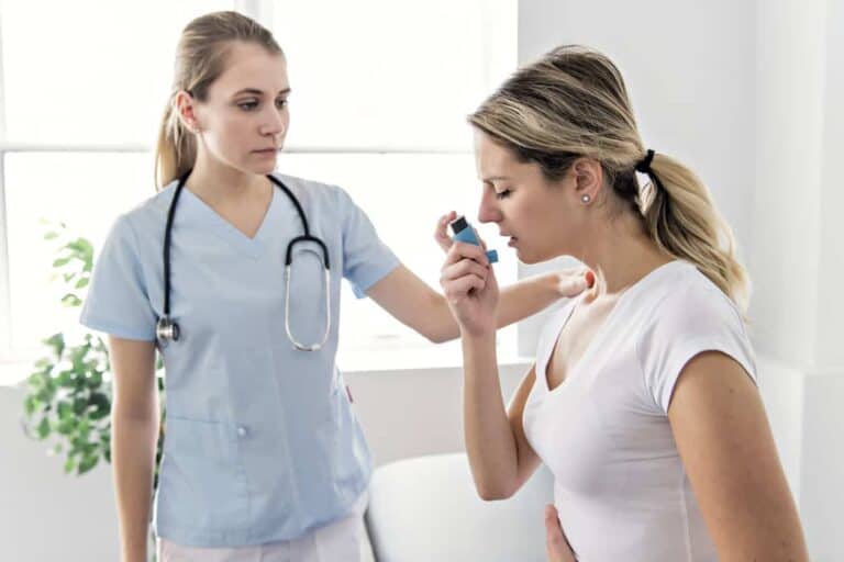 Doctor examining patient with allergy symptoms in clinic setting.
