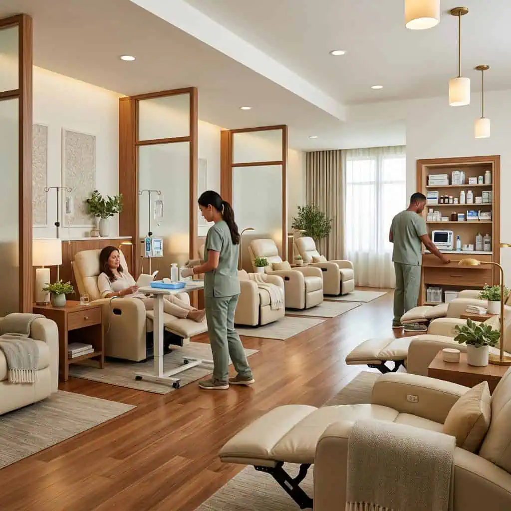 Modern infusion therapy room with comfortable chairs and medical staff attending patients.