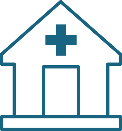 Blueprint outline of a healthcare building with a cross symbol.