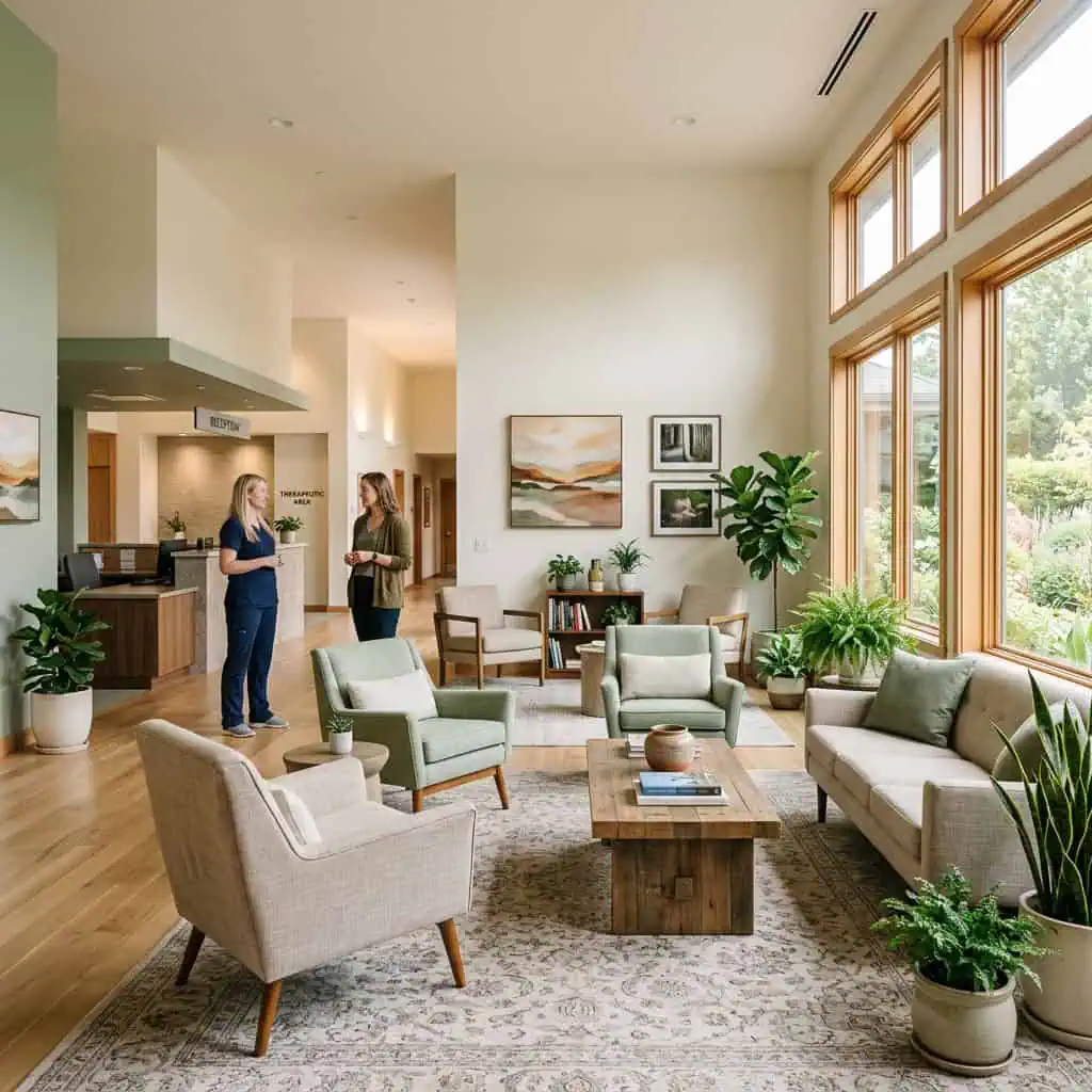 Bright, welcoming lobby of inpatient psychiatric facility with seating and natural light.