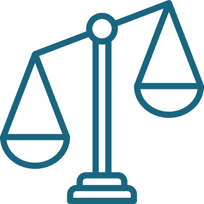 Line art of a balance scale representing justice and fairness.