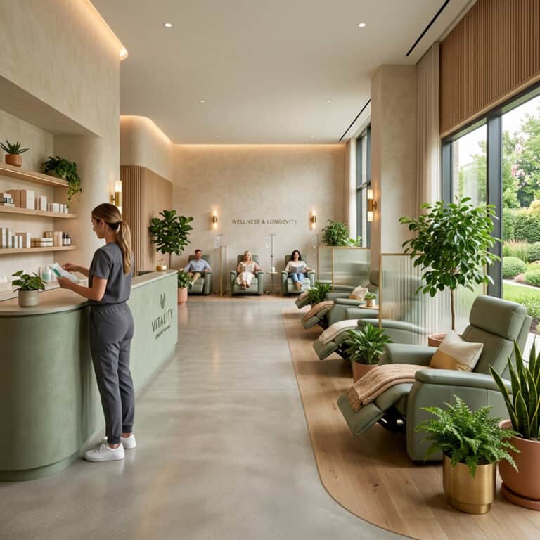 Contemporary wellness clinic reception with seating and greenery.