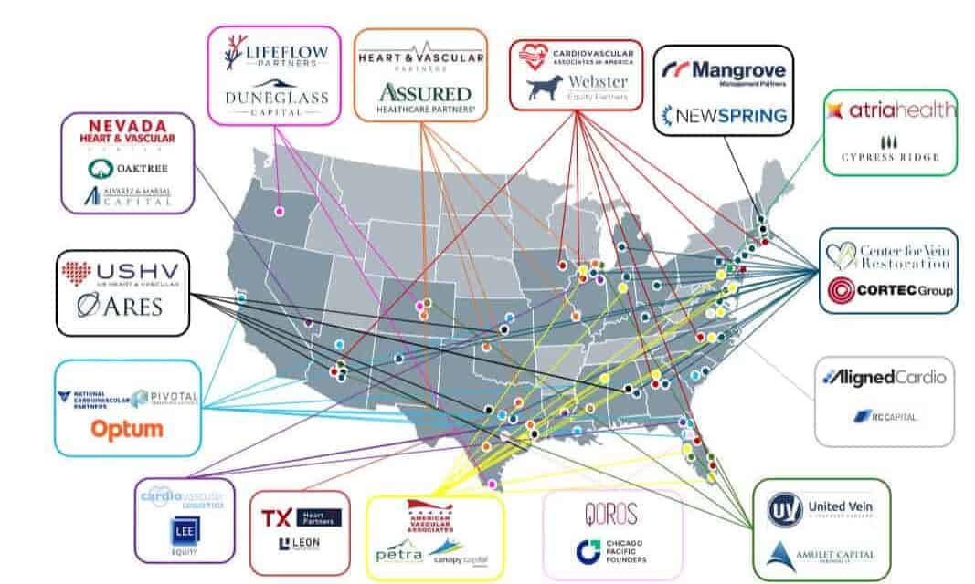 Map of cardiology private equity investments across the US.