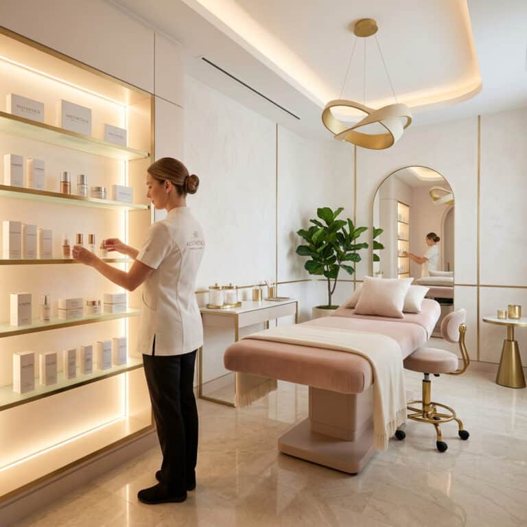 Elegant aesthetics clinic with treatment bed and skincare products display.