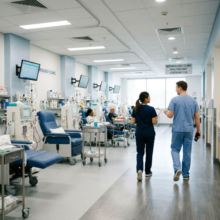 Nephrology clinic dialysis unit with medical staff and dialysis machines.