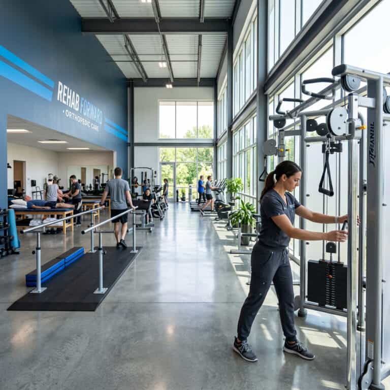 Modern rehab gym with patients using physical therapy equipment for orthopedic recovery.