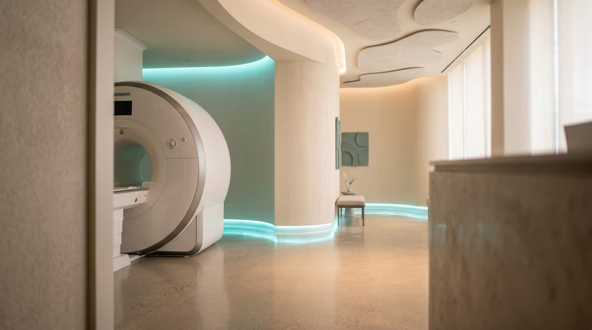 State-of-the-art medical imaging room with advanced MRI scanner and sleek design.