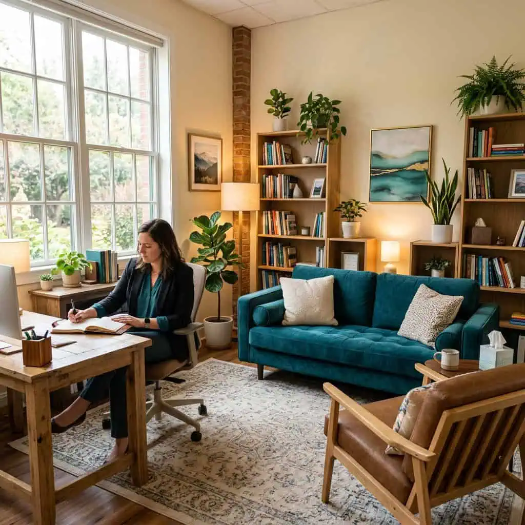 Comfortable therapy room with a therapist, bookshelves, and cozy seating for mental health services.