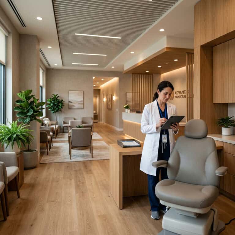 Healthcare professional using tablet in modern pain management clinic.