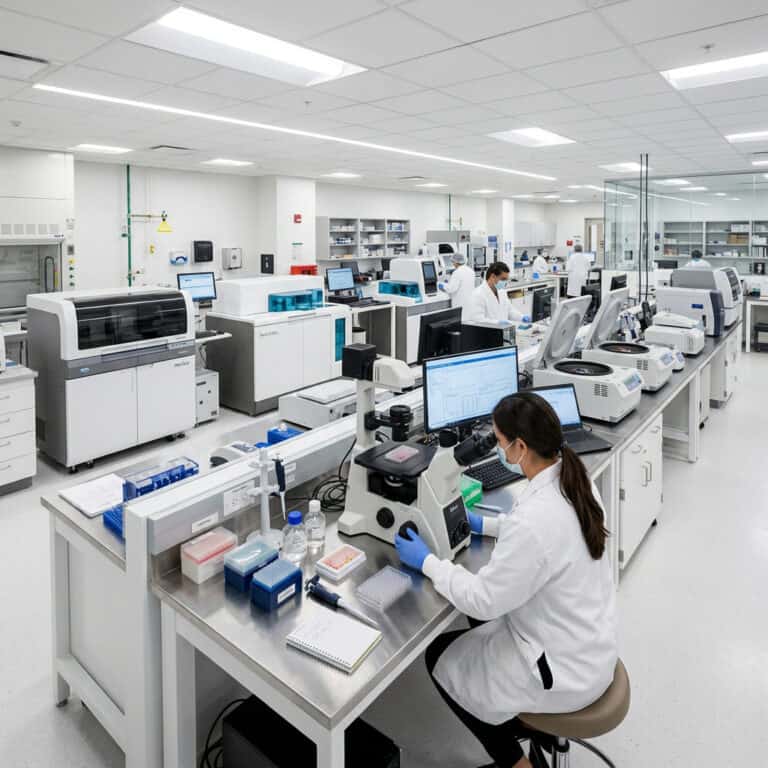 Pathology lab with scientists working on microscopes and analyzers.