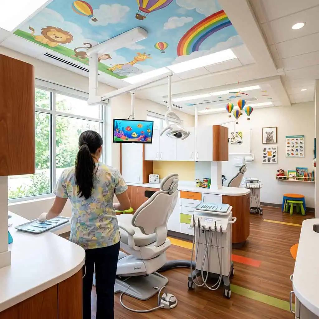 Modern pediatric dental clinic with colorful ceiling art and dental equipment.