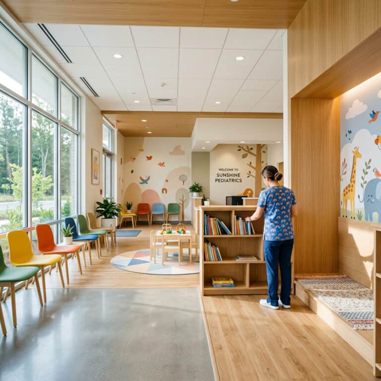 Bright pediatric clinic waiting area with colorful chairs and playful wall art.