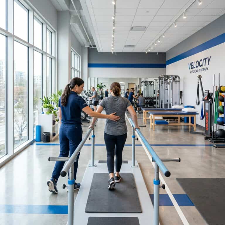 Patient practicing walking with therapist support in modern therapy center.