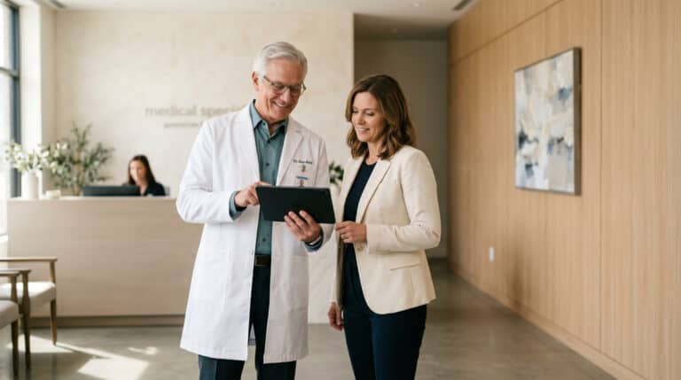 Doctor and patient discussing health information in clinic.