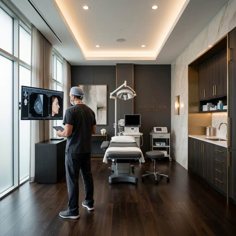 Aesthetic surgery consultation room with advanced medical equipment and a doctor reviewing scans.