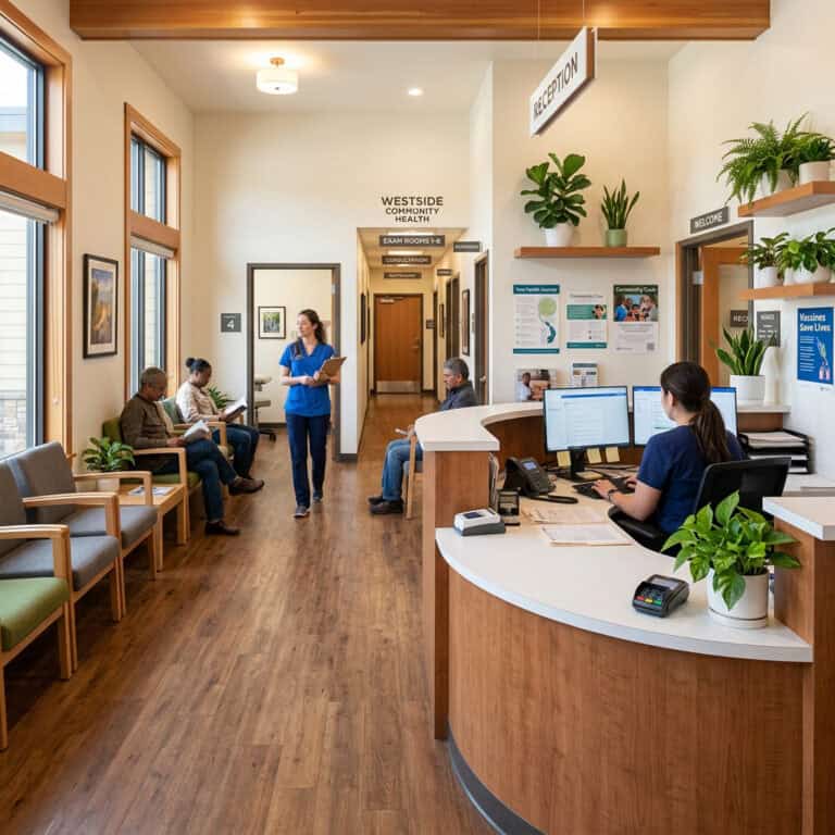 Modern primary care clinic reception with patients and staff.