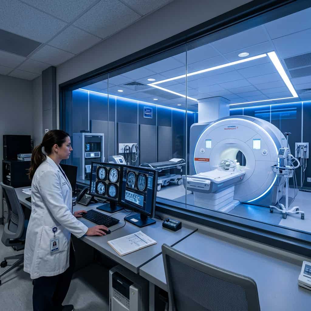 Radiology technician monitoring MRI scan through glass window in modern hospital.