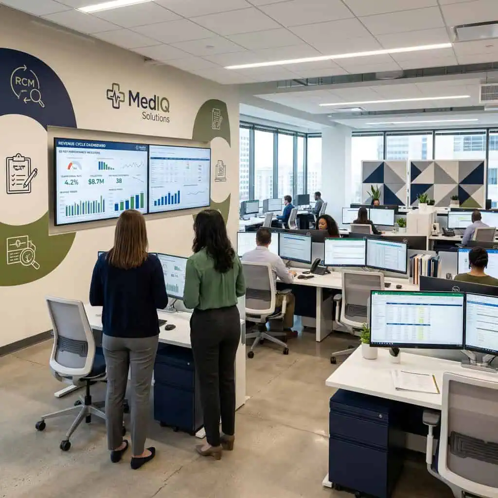 Modern healthcare office with staff analyzing data on screens.