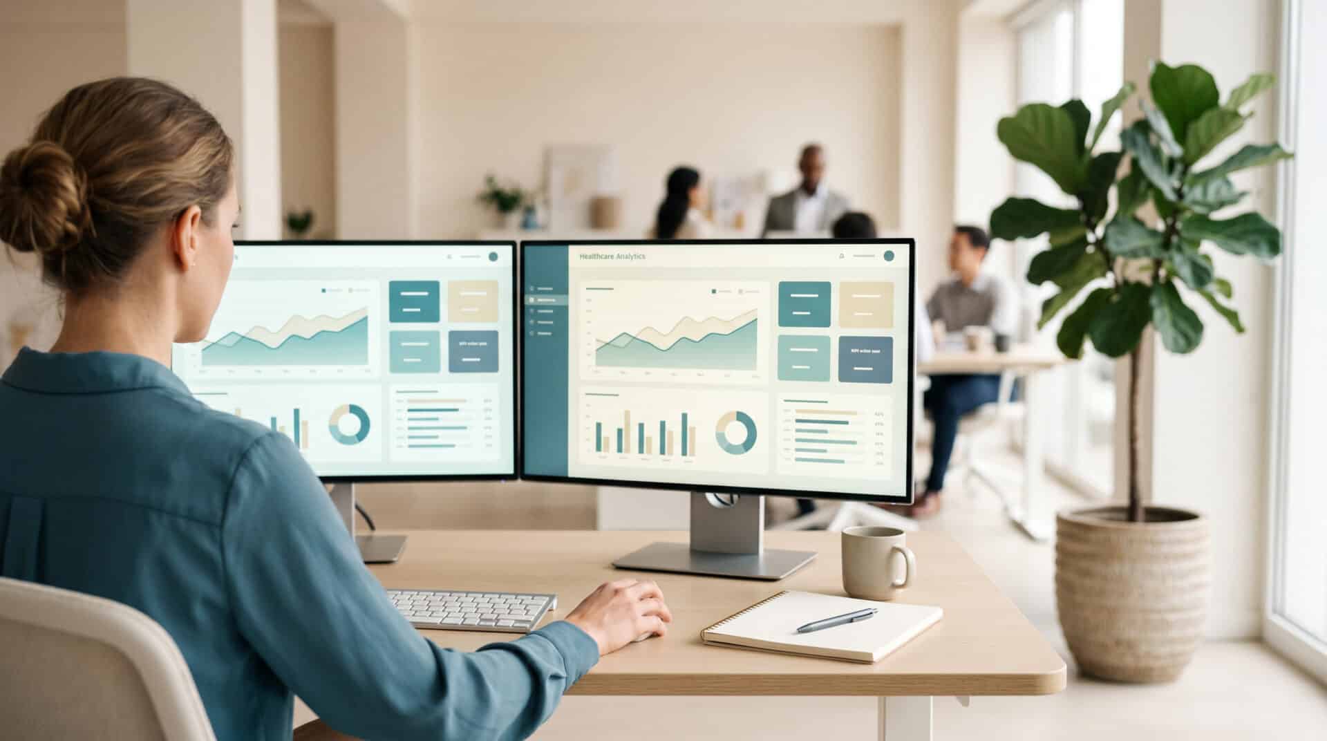 Businesswoman analyzing data on dual monitors in modern office.