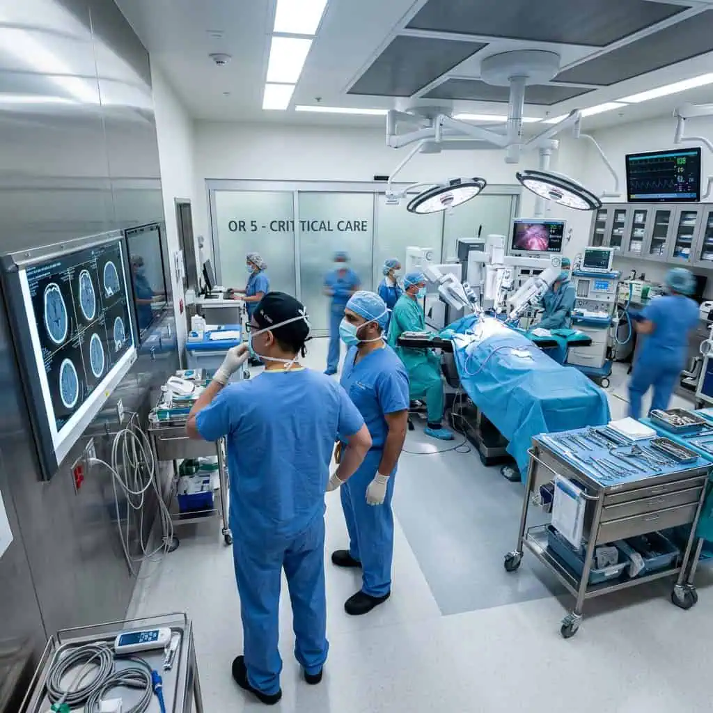Modern surgical operating room with medical staff and advanced equipment.