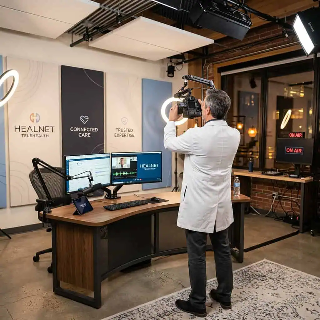 Professional studio setup for telehealth platform video recording with dual monitors and lighting.