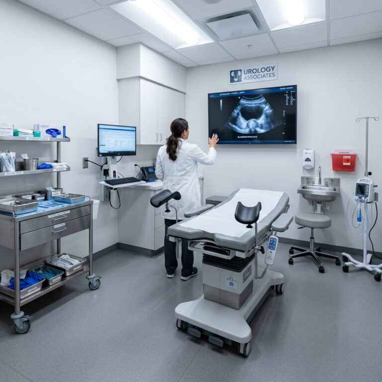 Urology specialist examining ultrasound scan in modern clinic.