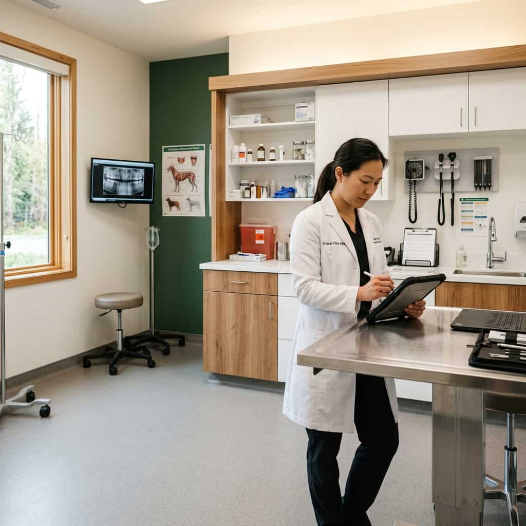 Veterinarian reviewing patient records in a modern veterinary clinic.